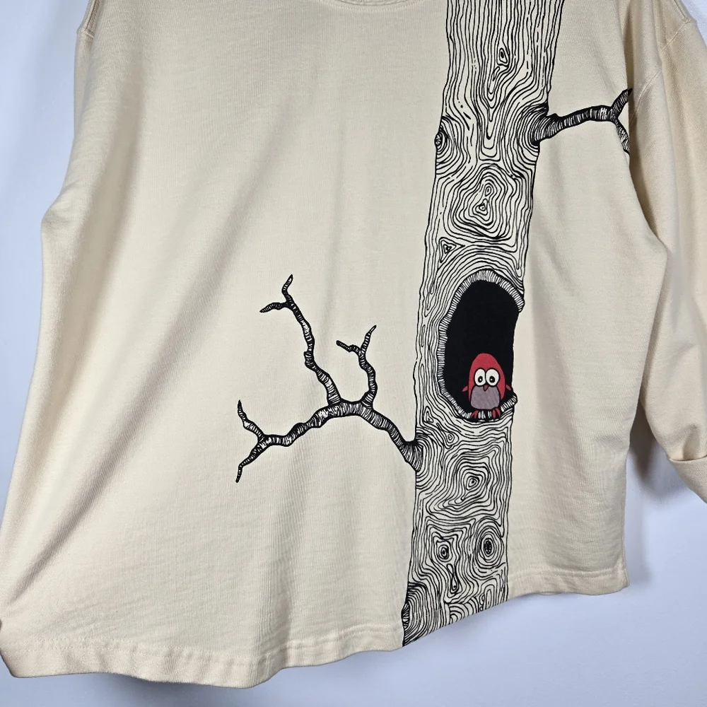 Catalog Favorites Owl Birch Cream 3/4 Sleeve Crew Neck Sweatshirt Top Size Large - Picture 4 of 12